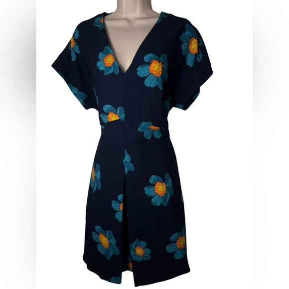 Banana Republic Sz 10 Navy Blue turquoise Floral dress A line short sleeve - Picture 3 of 11